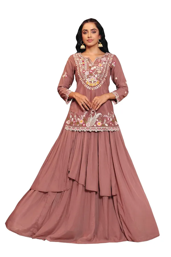 Brown_Georgette_Embroidered_Indo_Western_Top_Skirt_Set_For_Women