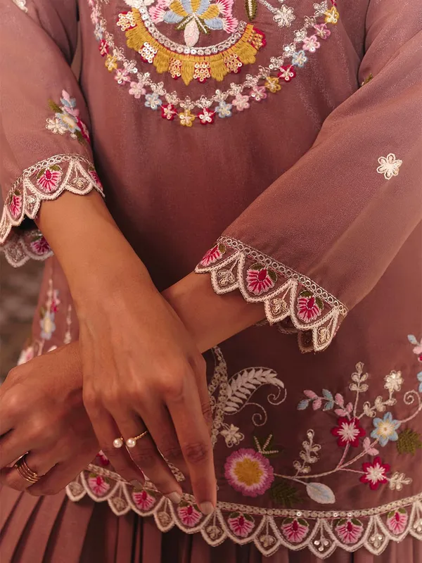 Brown_Georgette_Embroidered_Indo_Western_Top_Skirt_Set_For_Women