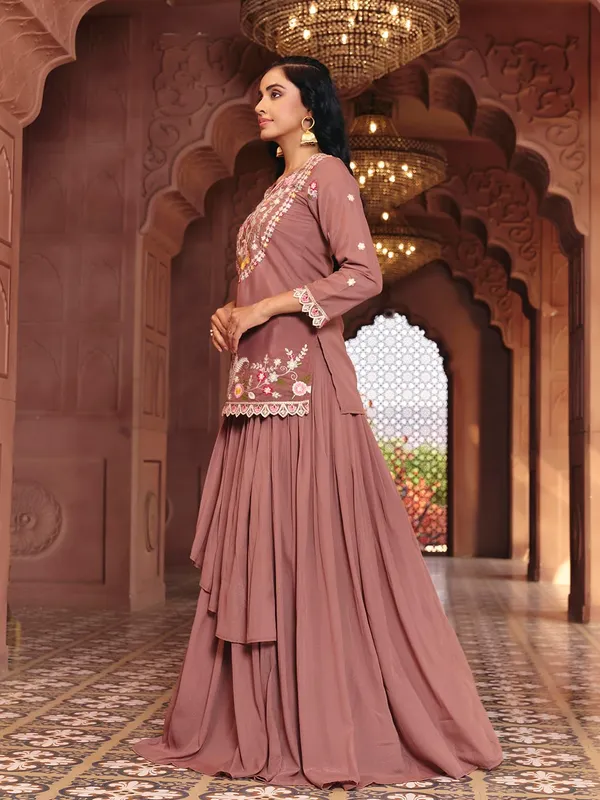 Brown_Georgette_Embroidered_Indo_Western_Top_Skirt_Set_For_Women