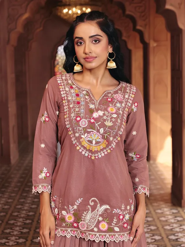 Brown_Georgette_Embroidered_Indo_Western_Top_Skirt_Set_For_Women