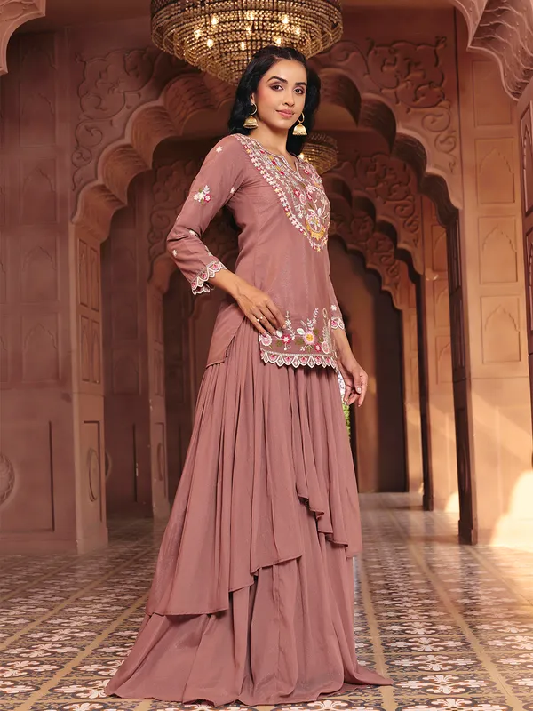 Brown_Georgette_Embroidered_Indo_Western_Top_Skirt_Set_For_Women