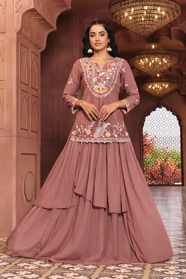 Brown_Georgette_Embroidered_Indo_Western_Top_Skirt_Set_For_Women