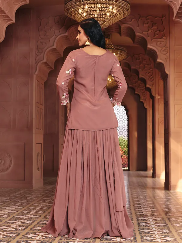 Brown_Georgette_Embroidered_Indo_Western_Top_Skirt_Set_For_Women
