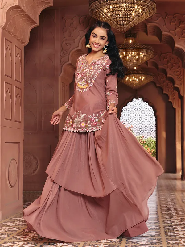 Brown_Georgette_Embroidered_Indo_Western_Top_Skirt_Set_For_Women