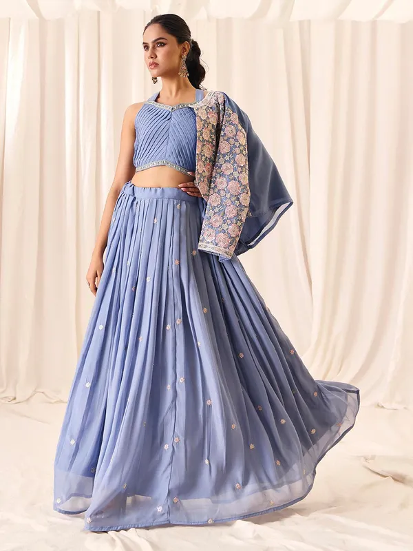 Blue_Georgette_Shimmer_Embroidered_Choli_Skirt_Koti_Set_For_Women