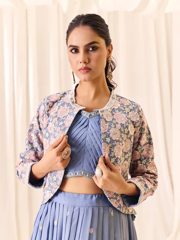 Blue_Georgette_Shimmer_Embroidered_Choli_Skirt_Koti_Set_For_Women