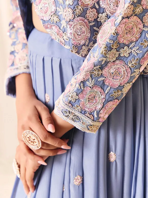 Blue_Georgette_Shimmer_Embroidered_Choli_Skirt_Koti_Set_For_Women