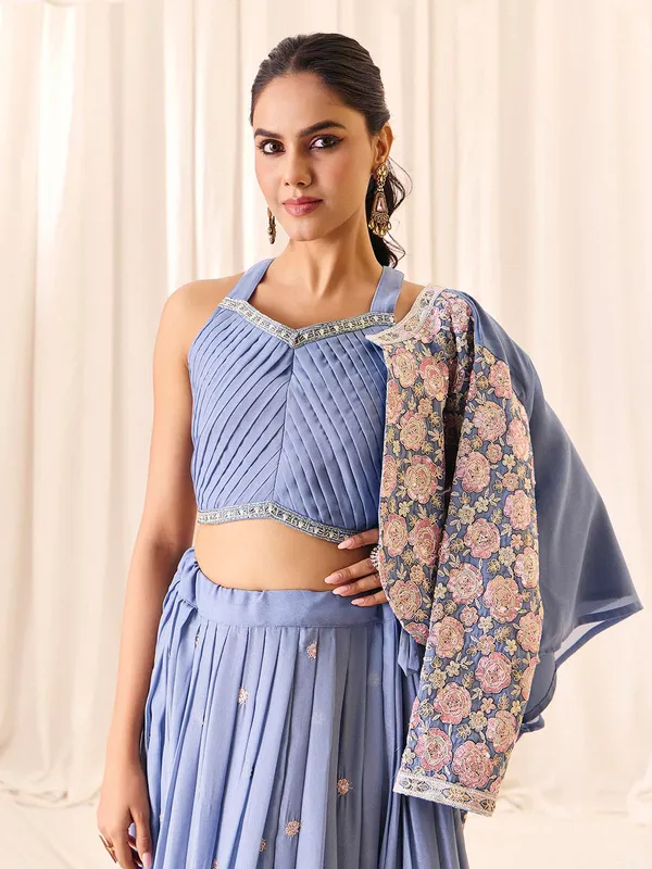 Blue_Georgette_Shimmer_Embroidered_Choli_Skirt_Koti_Set_For_Women