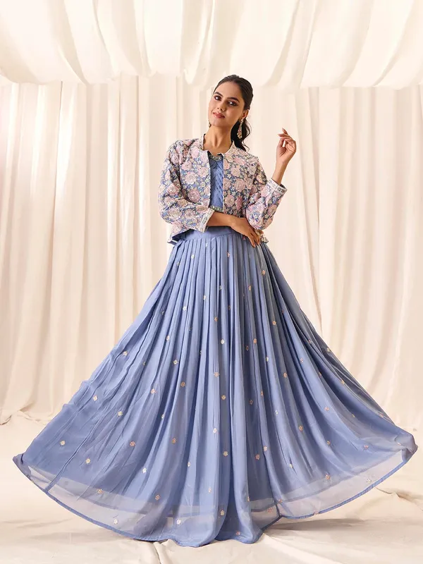 Blue_Georgette_Shimmer_Embroidered_Choli_Skirt_Koti_Set_For_Women