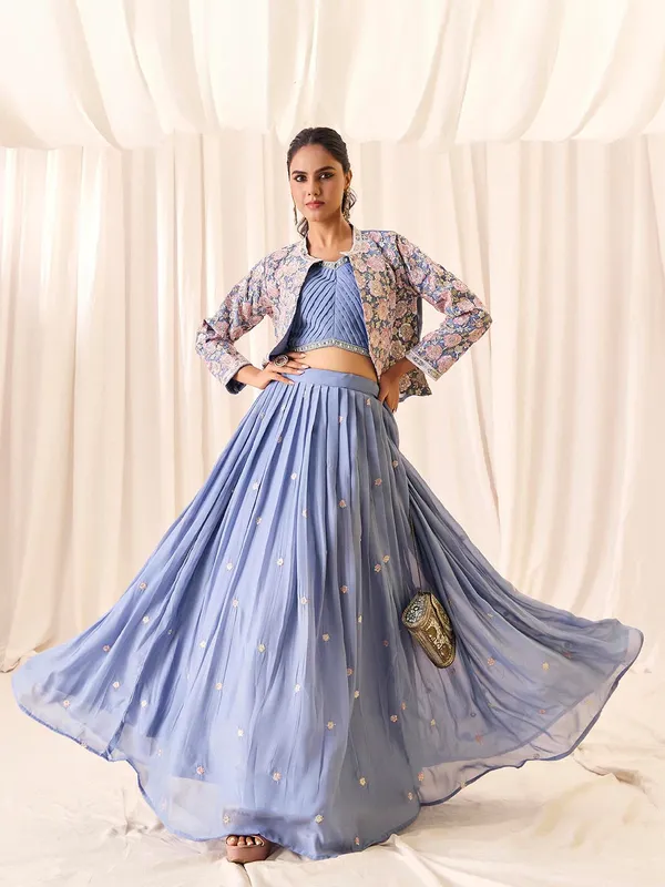 Blue_Georgette_Shimmer_Embroidered_Choli_Skirt_Koti_Set_For_Women