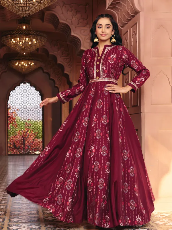 Maroon_Georgette_Bralin_Print_Flared_Anarkali_Gown_For_Women