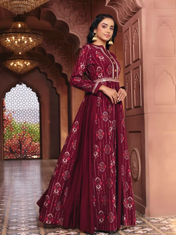 Maroon_Georgette_Bralin_Print_Flared_Anarkali_Gown_For_Women