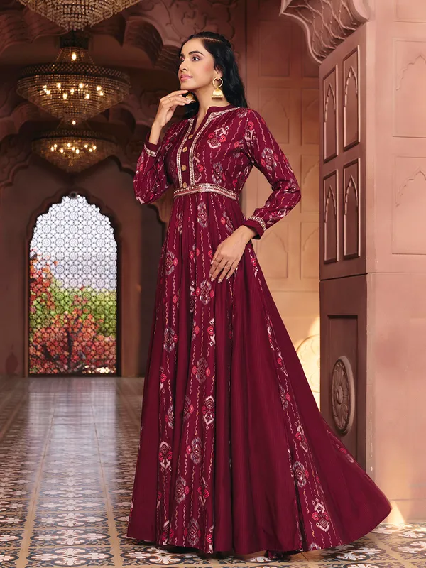 Maroon_Georgette_Bralin_Print_Flared_Anarkali_Gown_For_Women
