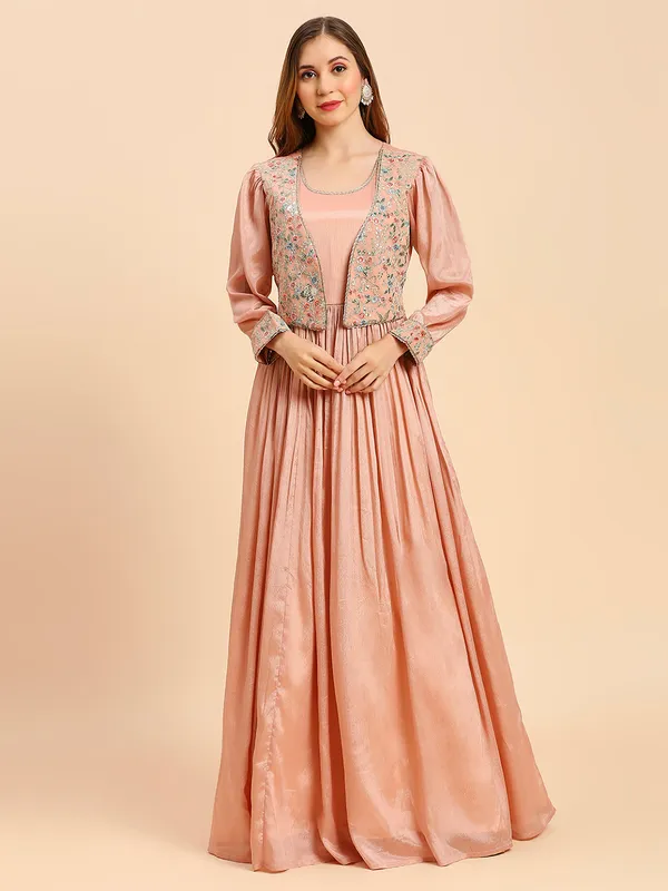 Peach_Chinon_Embroidery_Flared_Long_Gown_For_Women
