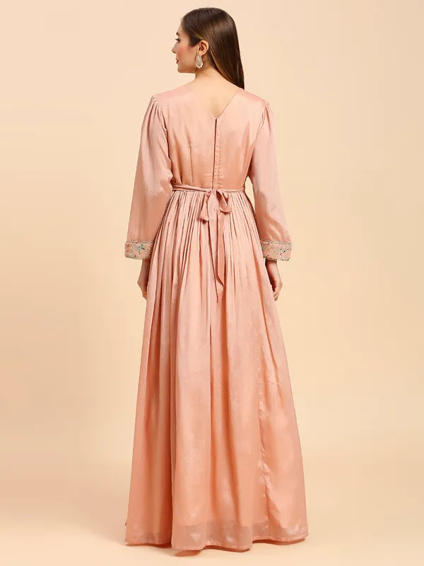 Peach_Chinon_Embroidery_Flared_Long_Gown_For_Women