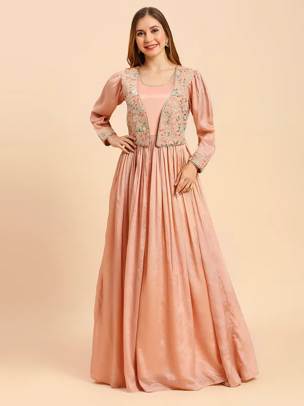 Peach_Chinon_Embroidery_Flared_Long_Gown_For_Women