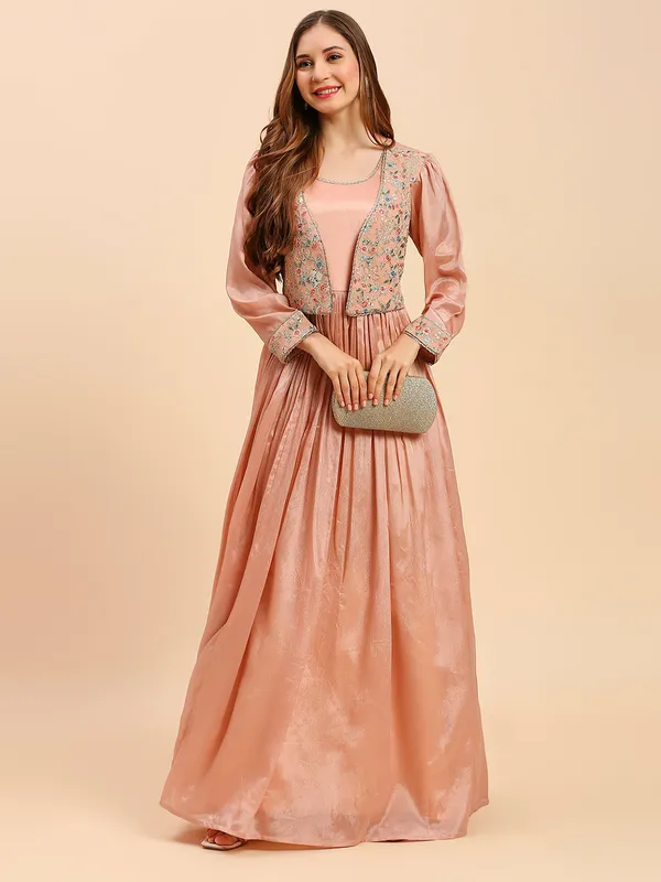 Peach_Chinon_Embroidery_Flared_Long_Gown_For_Women
