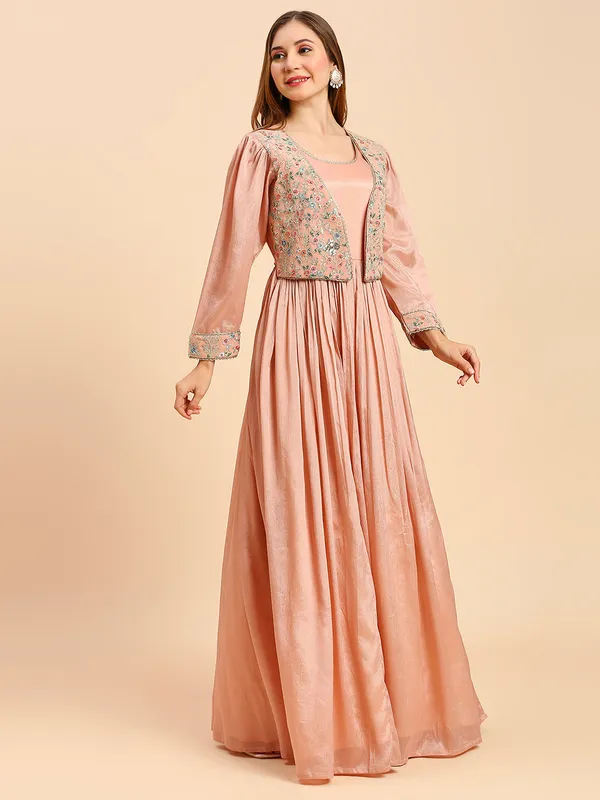 Peach_Chinon_Embroidery_Flared_Long_Gown_For_Women