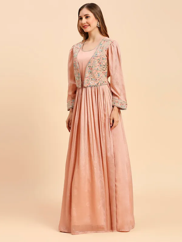 Peach_Chinon_Embroidery_Flared_Long_Gown_For_Women