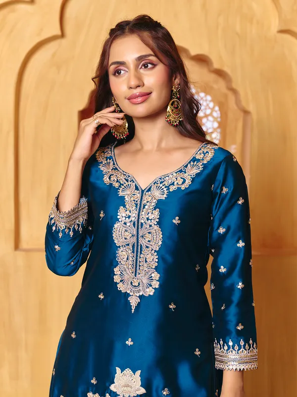 Royal_Blue_Rayon_Embroidered_Sharara_Suit_For_Women