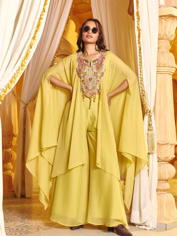 Yellow_Georgette_Embroidered_Kaftan_Choli_Palazzo_Set_For_Women
