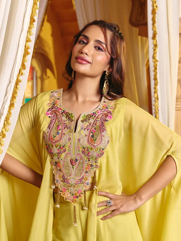 Yellow_Georgette_Embroidered_Kaftan_Choli_Palazzo_Set_For_Women