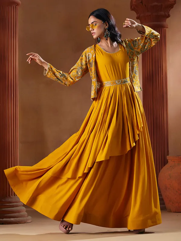 Yellow_Georgette_Rayon_Printed_Embroidered_Gown_Set_For_Women