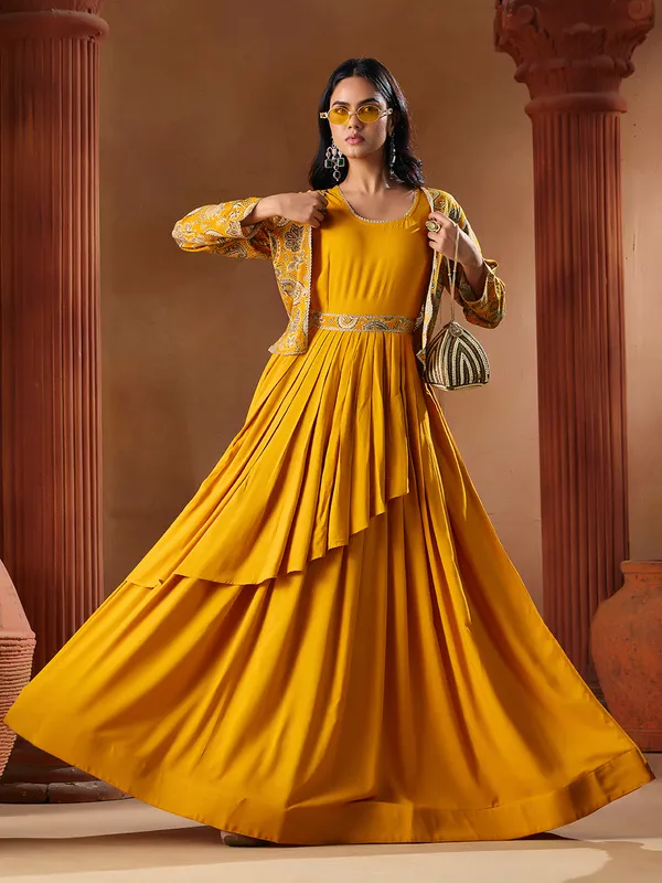 Yellow_Georgette_Rayon_Printed_Embroidered_Gown_Set_For_Women