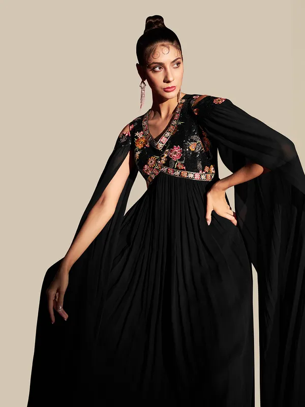 Black_Georgette_Sequin_Embroidery_Flared_Long_Gown_For_Women