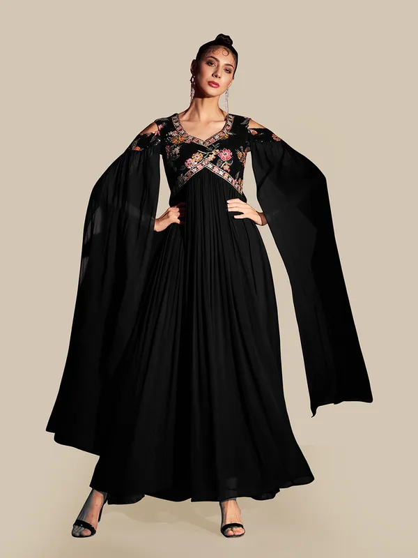 Black_Georgette_Sequin_Embroidery_Flared_Long_Gown_For_Women