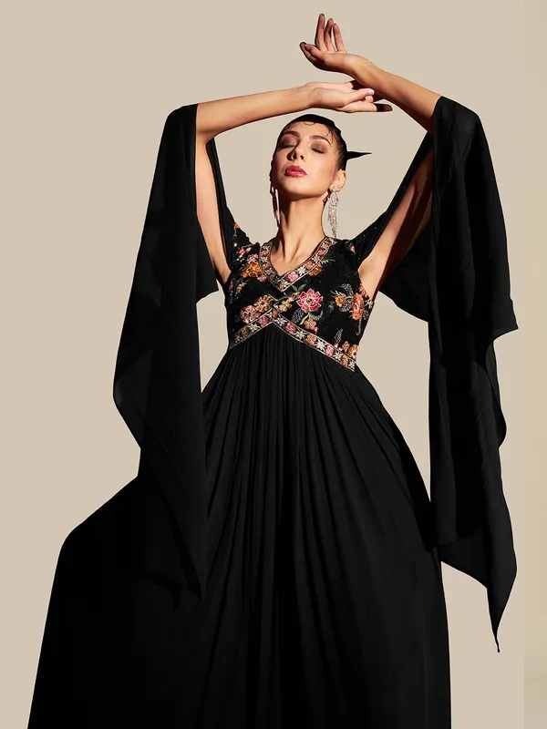 Black_Georgette_Sequin_Embroidery_Flared_Long_Gown_For_Women