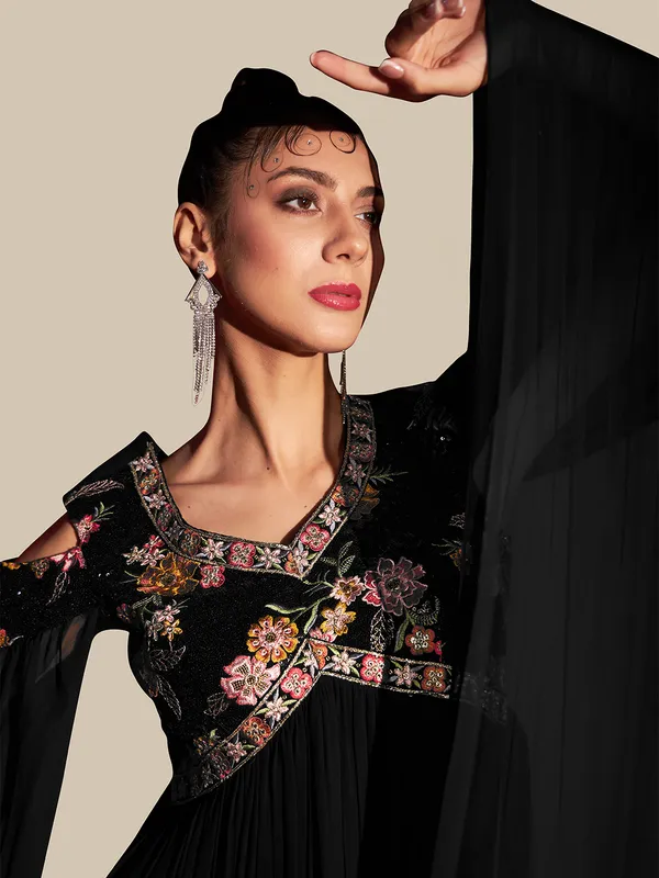 Black_Georgette_Sequin_Embroidery_Flared_Long_Gown_For_Women