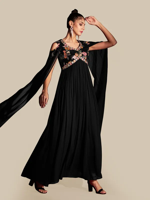 Black_Georgette_Sequin_Embroidery_Flared_Long_Gown_For_Women