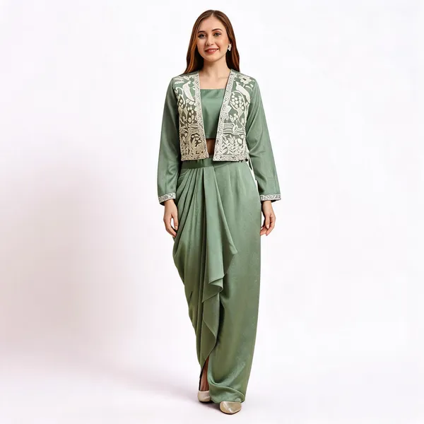 Green_Vichitra_Silk_Embroidered_Crop_Top_Dhoti_Skirt_Koti_Set_For_Women