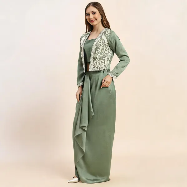 Green_Vichitra_Silk_Embroidered_Crop_Top_Dhoti_Skirt_Koti_Set_For_Women