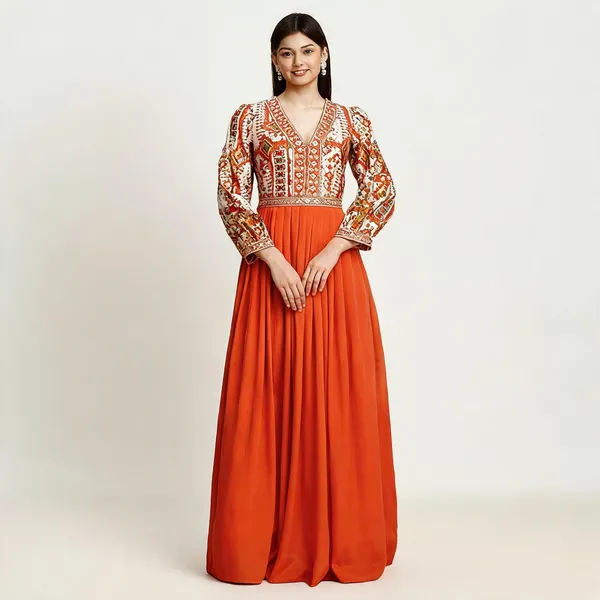 Orange_Chinon_Embroidery_Flared_Long_Gown_For_Women