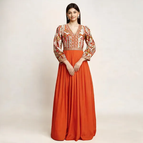 Orange_Chinon_Embroidery_Flared_Long_Gown_For_Women