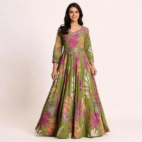 Green_Rayon_Hand_Embroidery_Printed_Long_Gown_For_Women