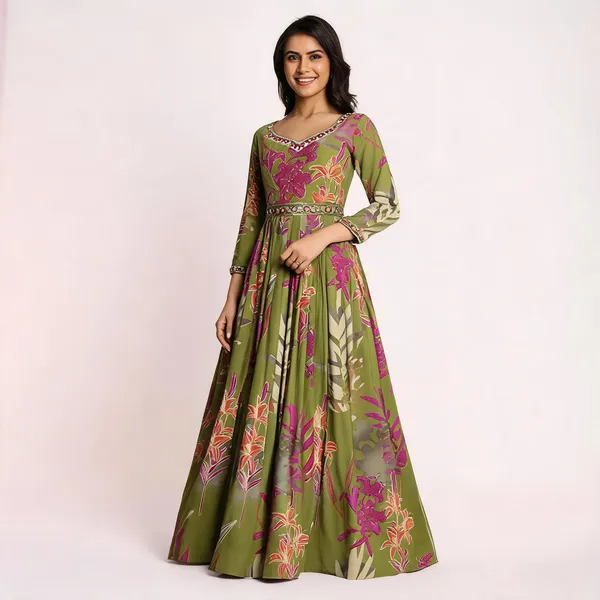 Green_Rayon_Hand_Embroidery_Printed_Long_Gown_For_Women
