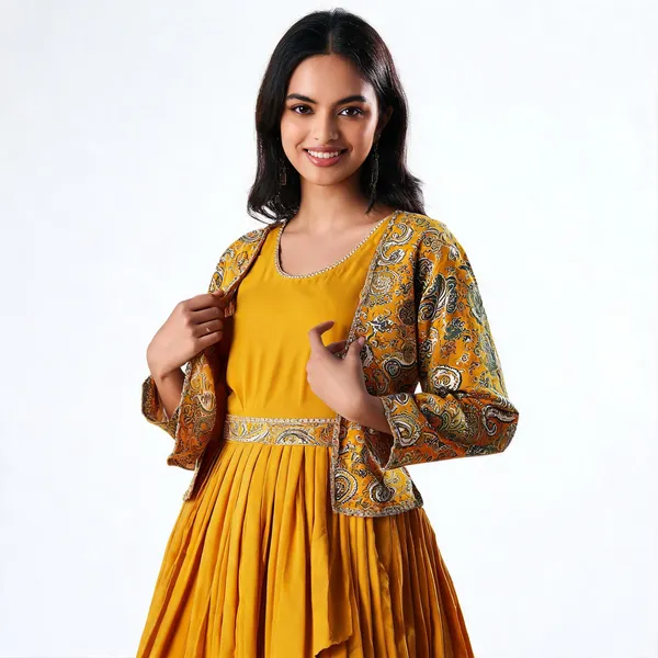 Yellow_Rayon_Printed_Embroidered_Gown_Set_For_Women