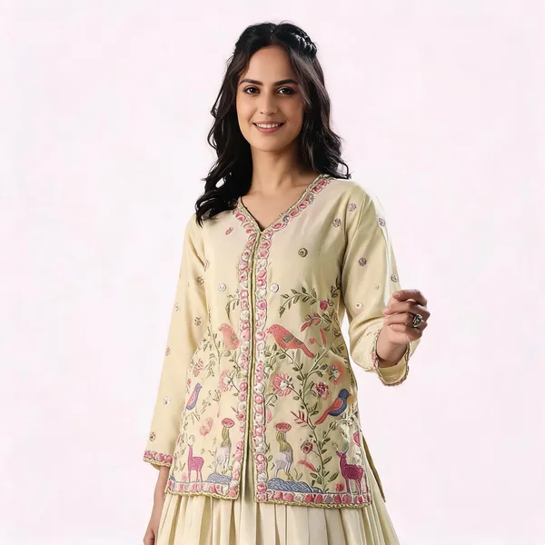 Off_White_Shimmer_Embroidered_V-Neck_Top_Skirt_Set_For_Women