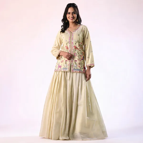 Off_White_Shimmer_Embroidered_V-Neck_Top_Skirt_Set_For_Women