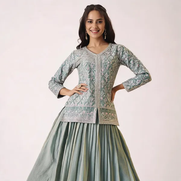 Green_Vatican_Silk_Embroidered_V-Neck_Top_Skirt_Set_For_Women