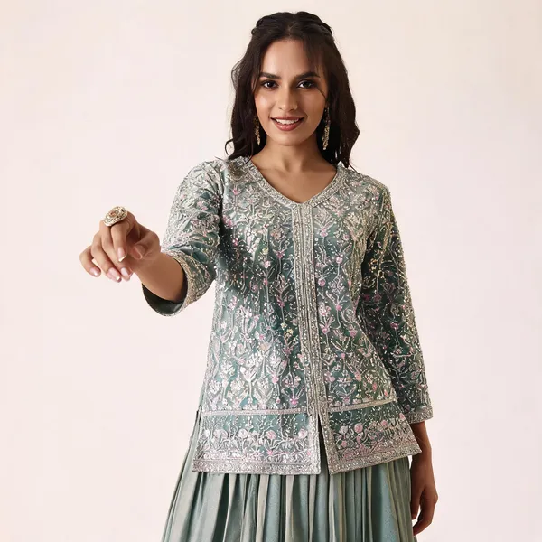 Green_Vatican_Silk_Embroidered_V-Neck_Top_Skirt_Set_For_Women