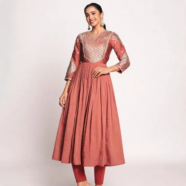 Rust_Rayon_Flared_Embroidered_Kurti_Set_For_Women