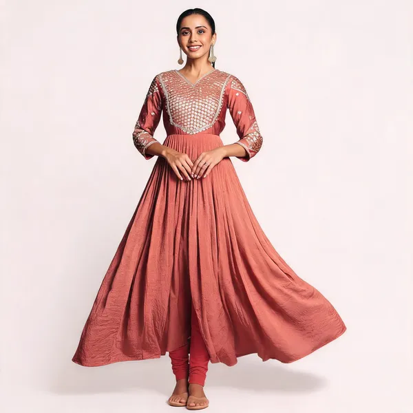 Rust_Rayon_Flared_Embroidered_Kurti_Set_For_Women