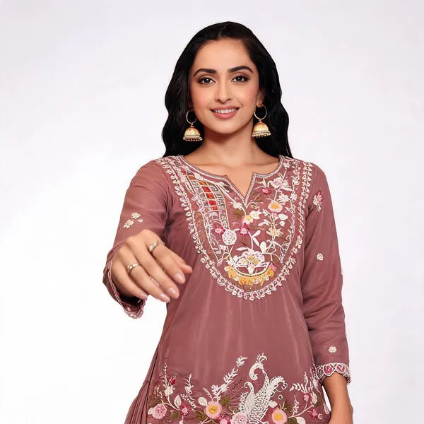 Brown_Georgette_Embroidered_Indo_Western_Top_Skirt_Set_For_Women