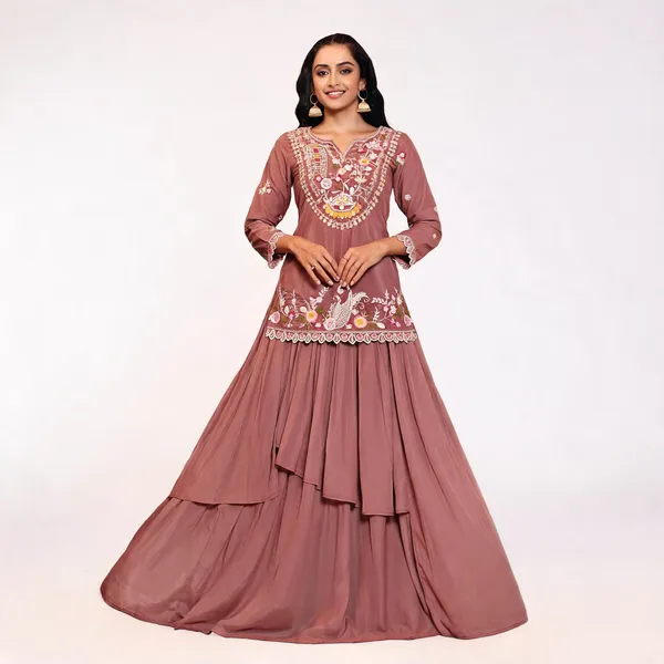 Brown_Georgette_Embroidered_Indo_Western_Top_Skirt_Set_For_Women