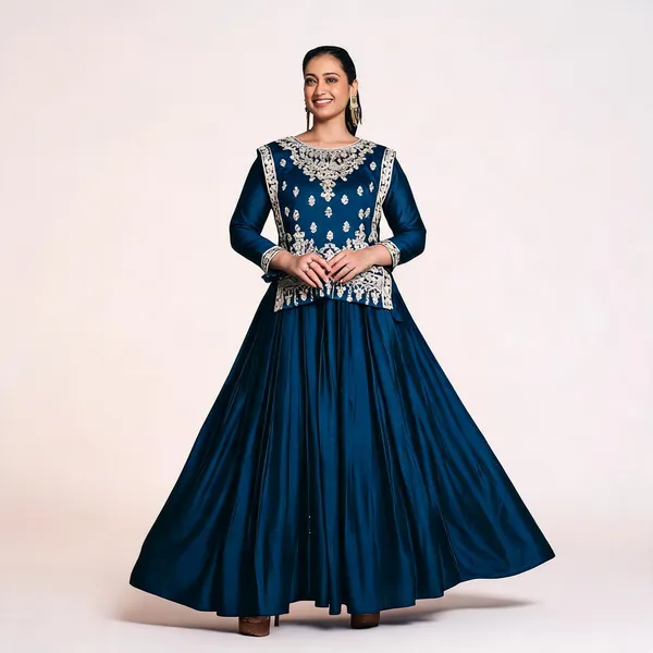 Royal_Blue_Vichitra_Embroidered_Choli_Skirt_Set_For_Women