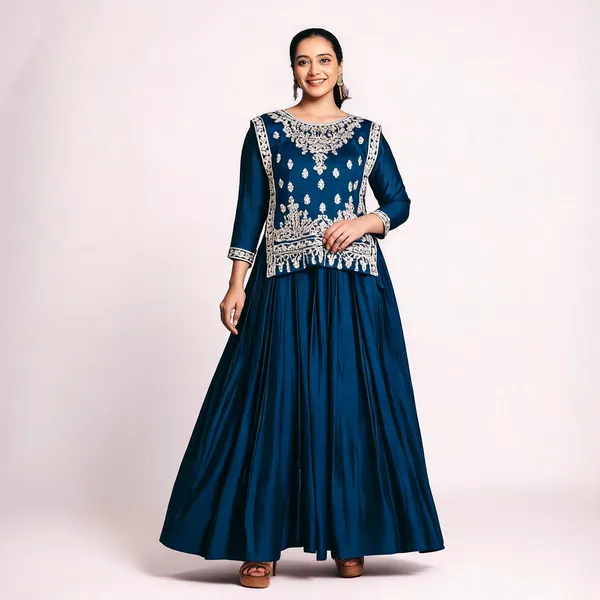 Royal_Blue_Vichitra_Embroidered_Choli_Skirt_Set_For_Women